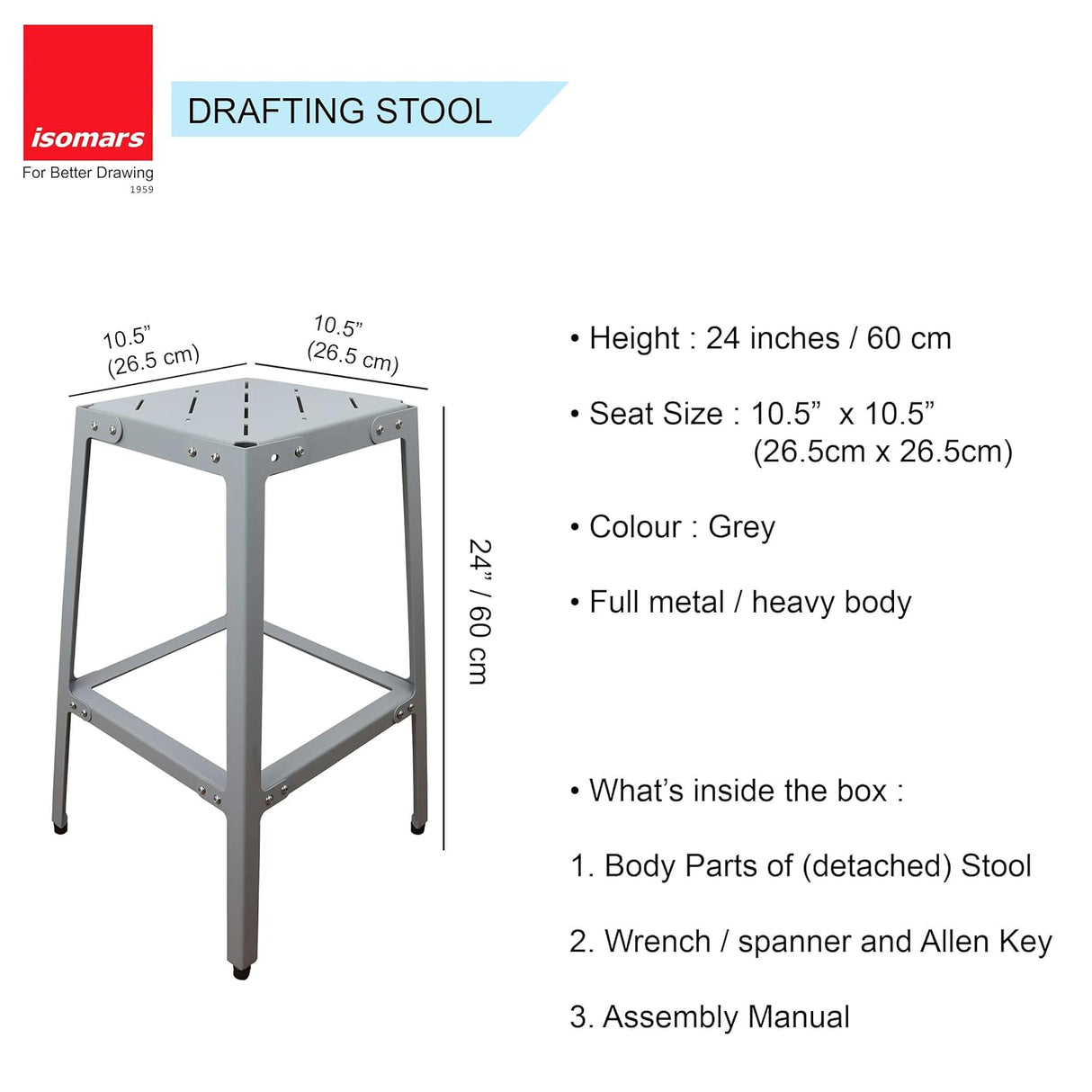 Isomars Drafting Metal Stool - Detachable Stool for Engineers, Architects, Draughtsman with 24" Height & Seat Size 10.5" Full Metal Body (Grey) - Isomars