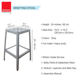 Isomars Drafting Metal Stool - Detachable Stool for Engineers, Architects, Draughtsman with 24" Height & Seat Size 10.5" Full Metal Body (Grey) - Isomars