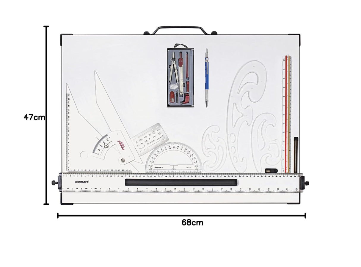 Isomars Drawing and Drafting Architect Kit Comes with Technical Board With Parallel Motion Ruler - A2 Size - 18.5" x 25" Includes Set Square, Mechanical Pencil, French Curve, Technical Compass - Isomars