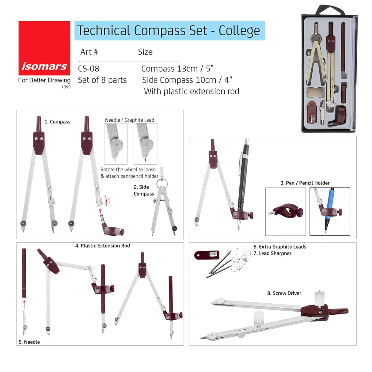 Isomars Drawing and Drafting Architect Kit Comes with Technical Board With Parallel Motion Ruler - A2 Size - 18.5" x 25" Includes Set Square, Mechanical Pencil, French Curve, Technical Compass - Isomars