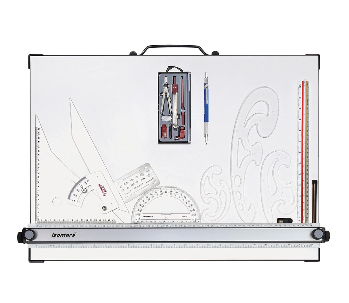 Isomars Drawing and Drafting Architect Kit Comes with Technical Board With Parallel Motion Ruler - A2 Size - 18.5" x 25" Includes Set Square, Mechanical Pencil, French Curve, Technical Compass - Isomars
