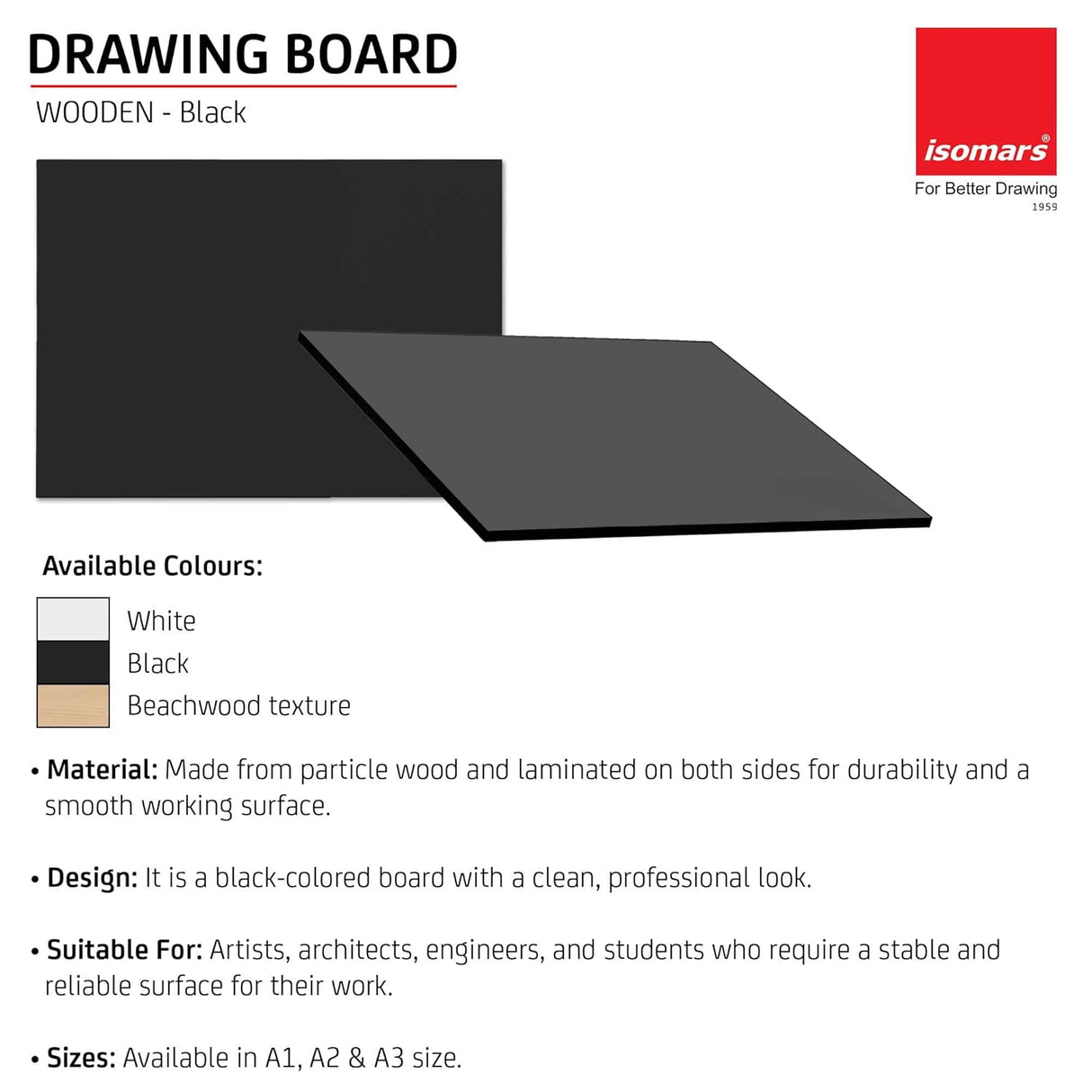 Isomars Drawing Both Side Laminated Black Board - Full Imperial A2 (18.5 x 25.5 Inch) Size Board – for Artists, Architects, Engineers, Draftsmen Etc. - Isomars