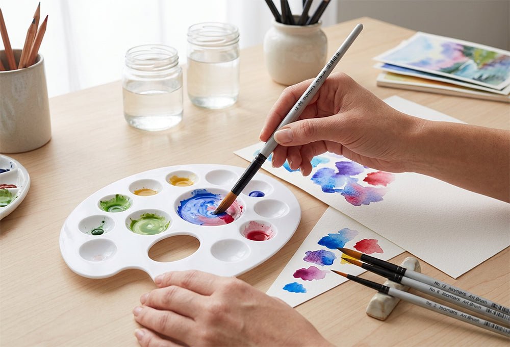 Isomars Drawing Brush Set Round Set of 7 with Colour Palette | Premium Golden Taklon Synthetic Artist Brushes with White Mixing Palette for Acrylic, Watercolor, Oil & Face Painting - Isomars