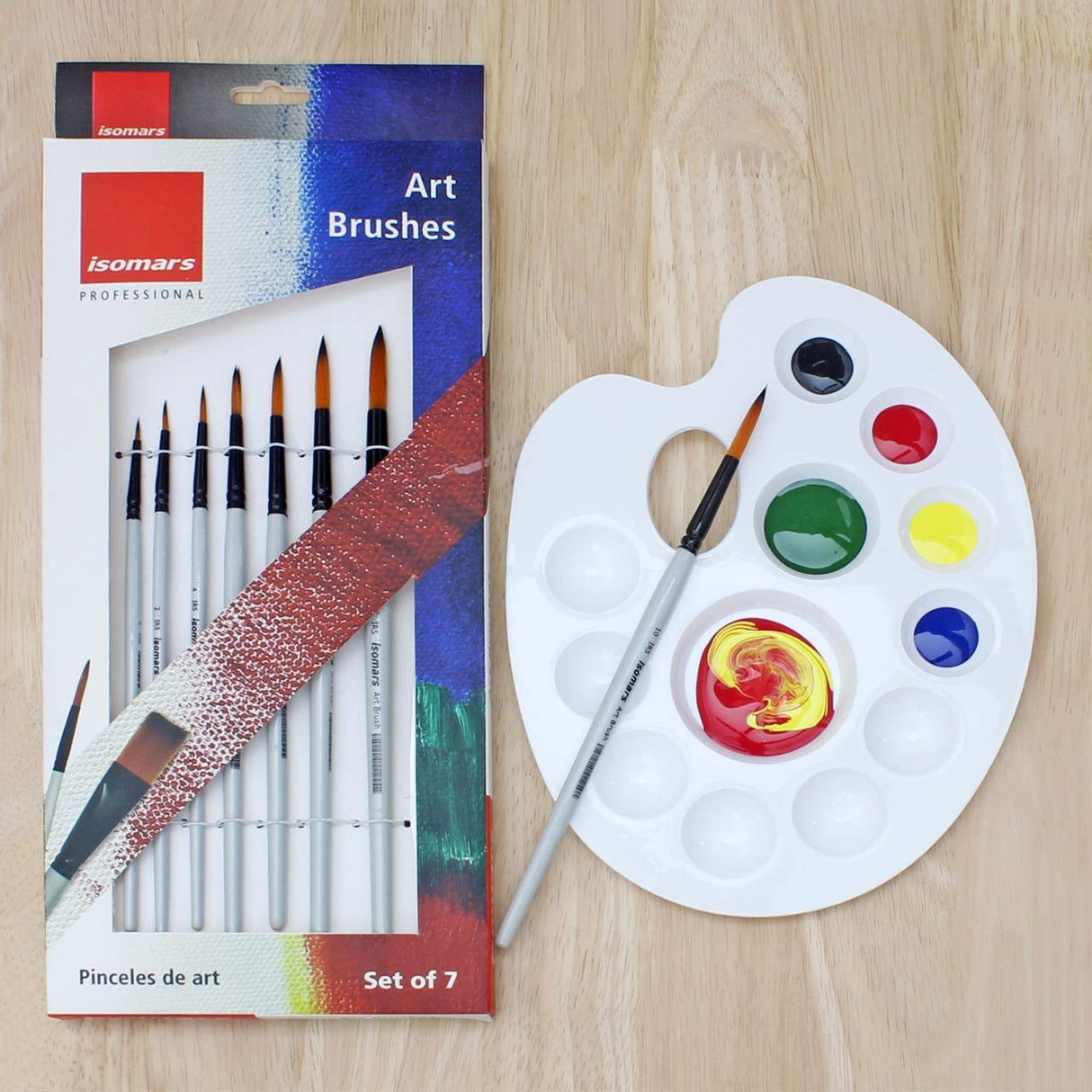 Isomars Drawing Brush Set Round Set of 7 with Colour Palette | Premium Golden Taklon Synthetic Artist Brushes with White Mixing Palette for Acrylic, Watercolor, Oil & Face Painting - Isomars