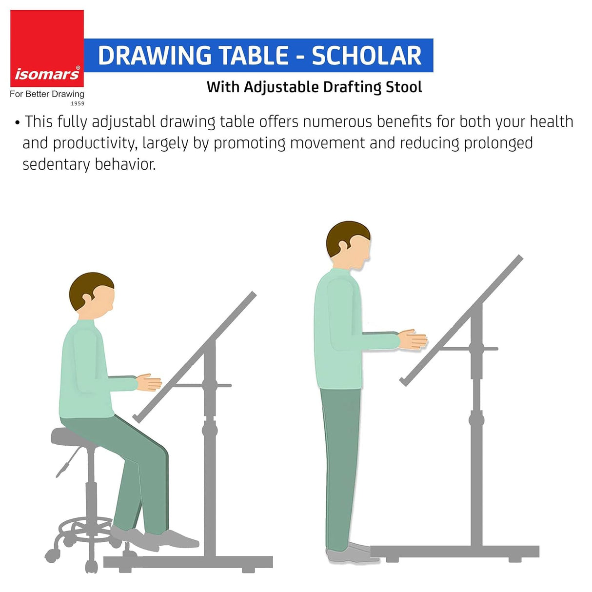 Isomars Drawing Drafting Board Table - Scholar Adjustable Height & Angle with Beachwood Texture Laminated Plain Board 25.5"x35" - Isomars