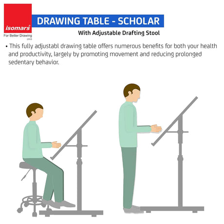 Isomars Drawing Drafting Board Table - Scholar Adjustable Height & Angle with Beachwood Texture Laminated Plain Board 25.5"x35" - Isomars