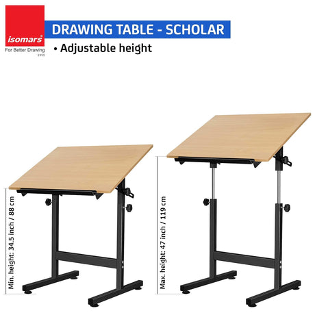 Isomars Drawing Drafting Board Table - Scholar Adjustable Height & Angle with Beachwood Texture Laminated Plain Board 25.5"x35" - Isomars