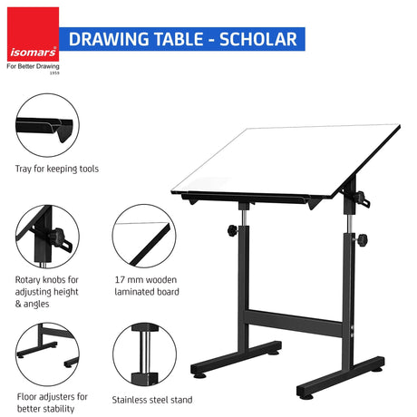 Isomars Drawing Drafting Board Table - Scholar Adjustable Height & Angle with White Laminated Plain Board 25.5"x35" - Isomars