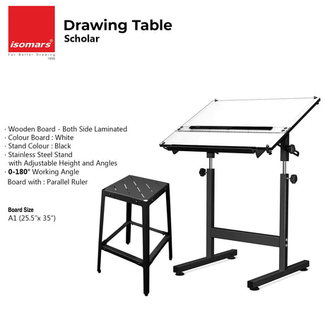 Isomars Drawing Drafting Board Table - Scholar with Parallel Ruler A1 White Laminated Board 25.5"x35" and Drafting Metal Stool Set | Complete Engineer, Draughtsman. Architects Drafting Set - Isomars