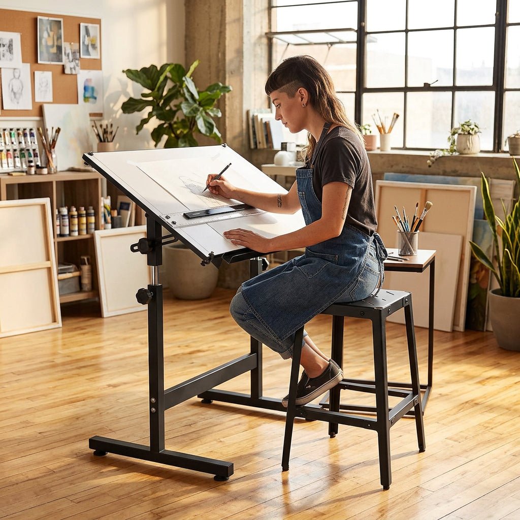 Isomars Drawing Drafting Board Table - Scholar with Parallel Ruler A1 White Laminated Board 25.5"x35" and Drafting Metal Stool Set | Complete Engineer, Draughtsman. Architects Drafting Set - Isomars