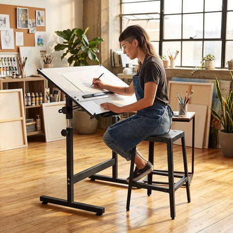 Isomars Drawing Drafting Board Table - Scholar with Parallel Ruler A1 White Laminated Board 25.5"x35" and Drafting Metal Stool Set | Complete Engineer, Draughtsman. Architects Drafting Set - Isomars
