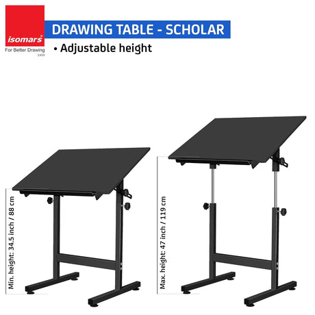 Isomars Drawing & Drafting Table - Scholar | with A1 25.5x35 Inch Size Black Laminated Board | Adjustable Height & Angle | Ideal for Engineers, Architects, Draftsmen, Designers Etc. - Isomars