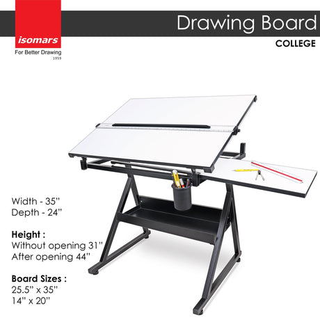 Isomars Drawing Table (College) - with White 25.5" x 35" Drafting Board With Parallel Bar and 14" x 20" Sliding Board - Isomars