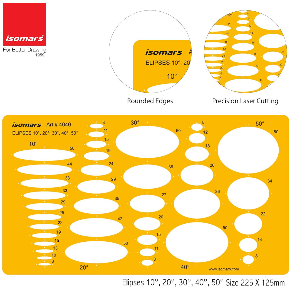 Isomars Ellipse Drawing Template 10°–50° Drafting Stencil - Isomars