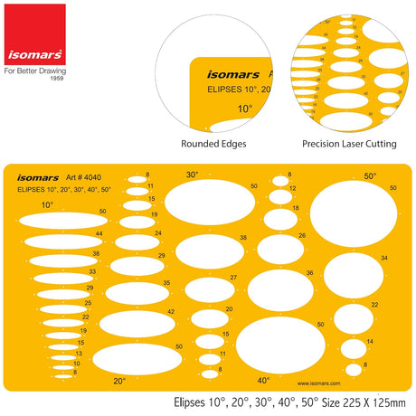 Isomars Ellipse Drawing Template 10°–50° Drafting Stencil - Isomars
