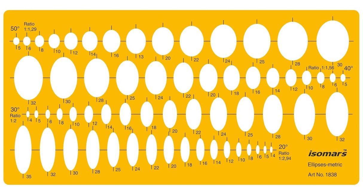 Isomars Ellipses - 20°,30°,40°,50° Shapes Figure Drawing Drafting Template - Isomars