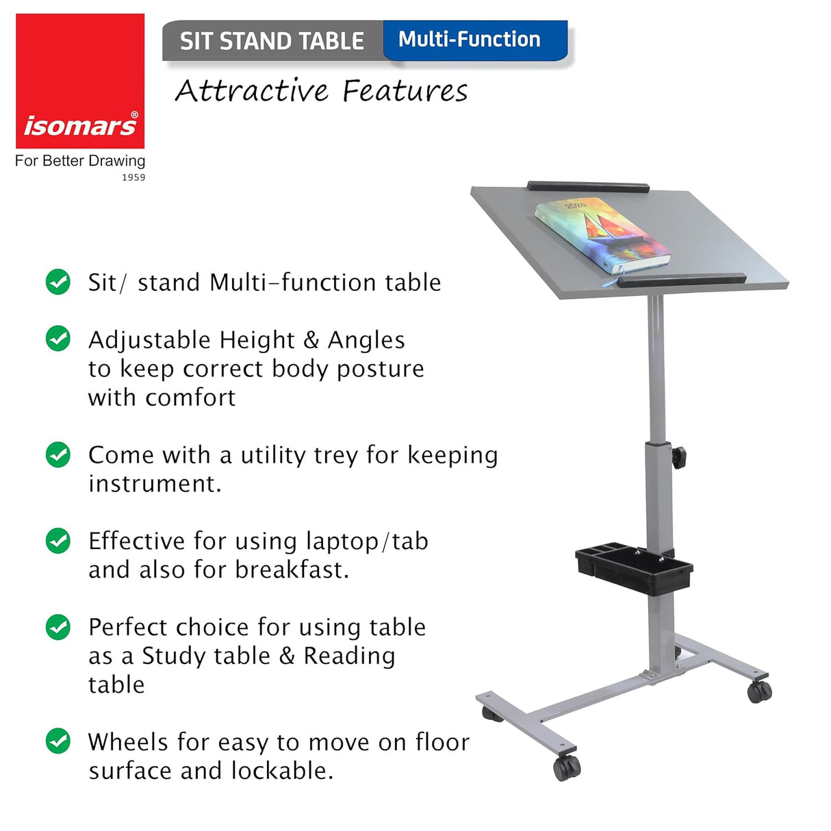 Isomars Engineered Wood Standing Table | Adjustable Height & Angle Multipurpose Laptop Study Desk with Lockable Wheels | Sit Stand WFH, Online Class, Breakfast & Bedside Table (Grey) - Isomars