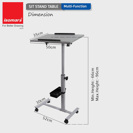 Isomars Engineered Wood Standing Table | Adjustable Height & Angle Multipurpose Laptop Study Desk with Lockable Wheels | Sit Stand WFH, Online Class, Breakfast & Bedside Table (Grey) - Isomars