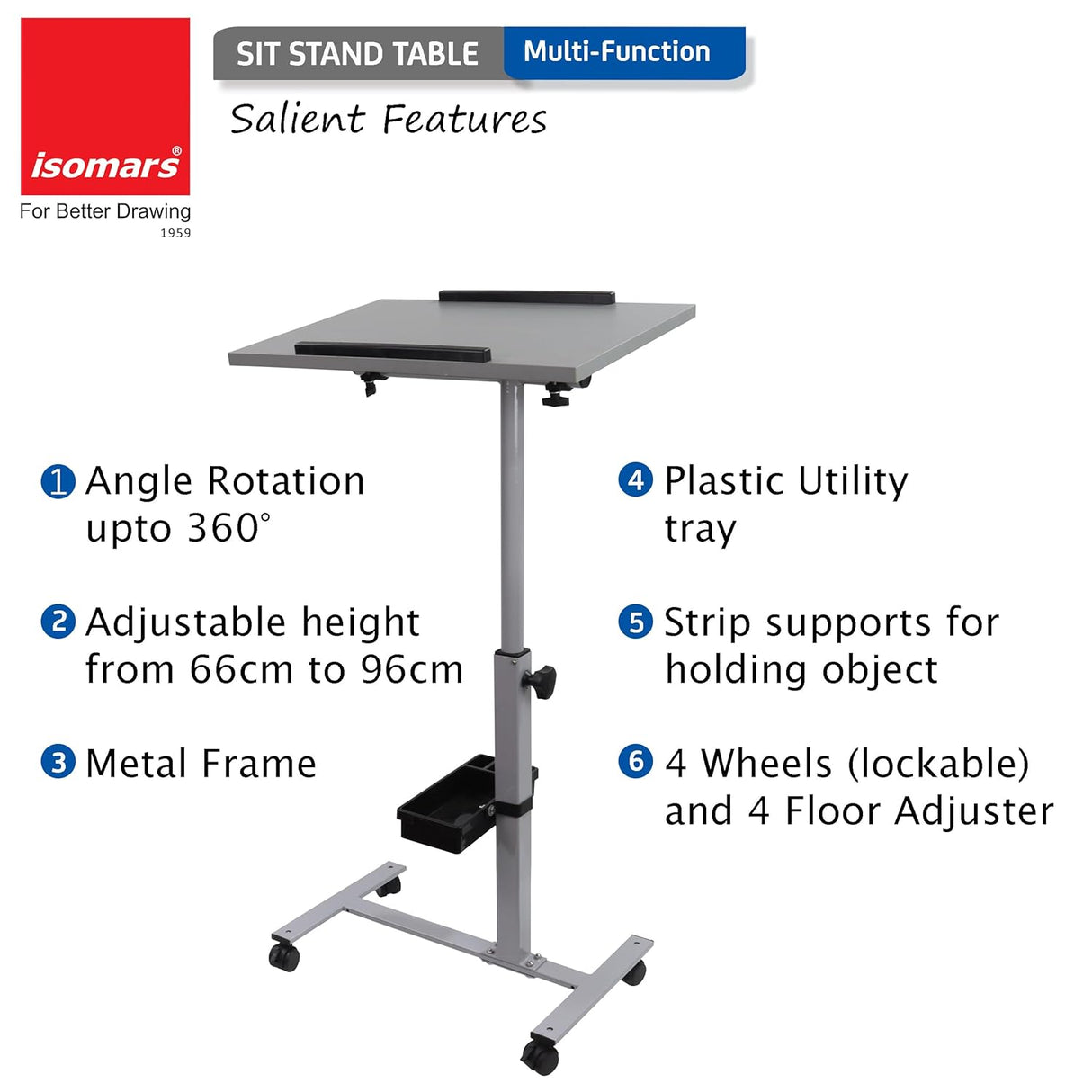 Isomars Engineered Wood Standing Table | Adjustable Height & Angle Multipurpose Laptop Study Desk with Lockable Wheels | Sit Stand WFH, Online Class, Breakfast & Bedside Table (Grey) - Isomars