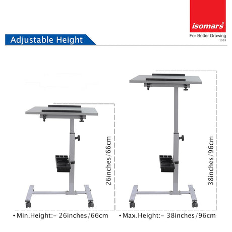 Isomars Engineered Wood Standing Table | Adjustable Height & Angle Multipurpose Laptop Study Desk with Lockable Wheels | Sit Stand WFH, Online Class, Breakfast & Bedside Table (Grey) - Isomars