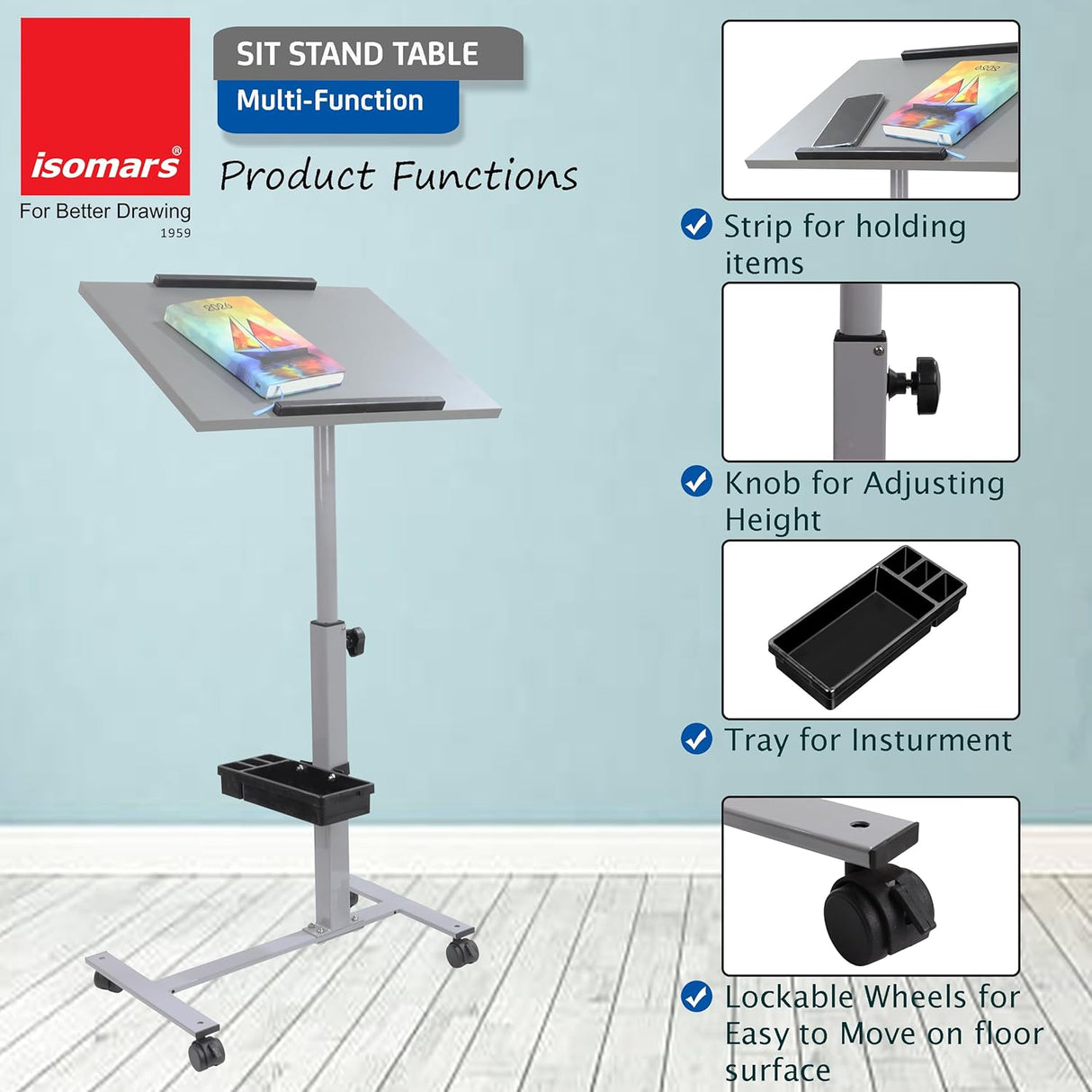 Isomars Engineered Wood Standing Table | Adjustable Height & Angle Multipurpose Laptop Study Desk with Lockable Wheels | Sit Stand WFH, Online Class, Breakfast & Bedside Table (Grey) - Isomars