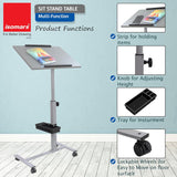 Isomars Engineered Wood Standing Table | Adjustable Height & Angle Multipurpose Laptop Study Desk with Lockable Wheels | Sit Stand WFH, Online Class, Breakfast & Bedside Table (Grey) - Isomars