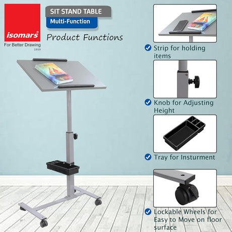 Isomars Engineered Wood Standing Table | Adjustable Height & Angle Multipurpose Laptop Study Desk with Lockable Wheels | Sit Stand WFH, Online Class, Breakfast & Bedside Table (Grey) - Isomars
