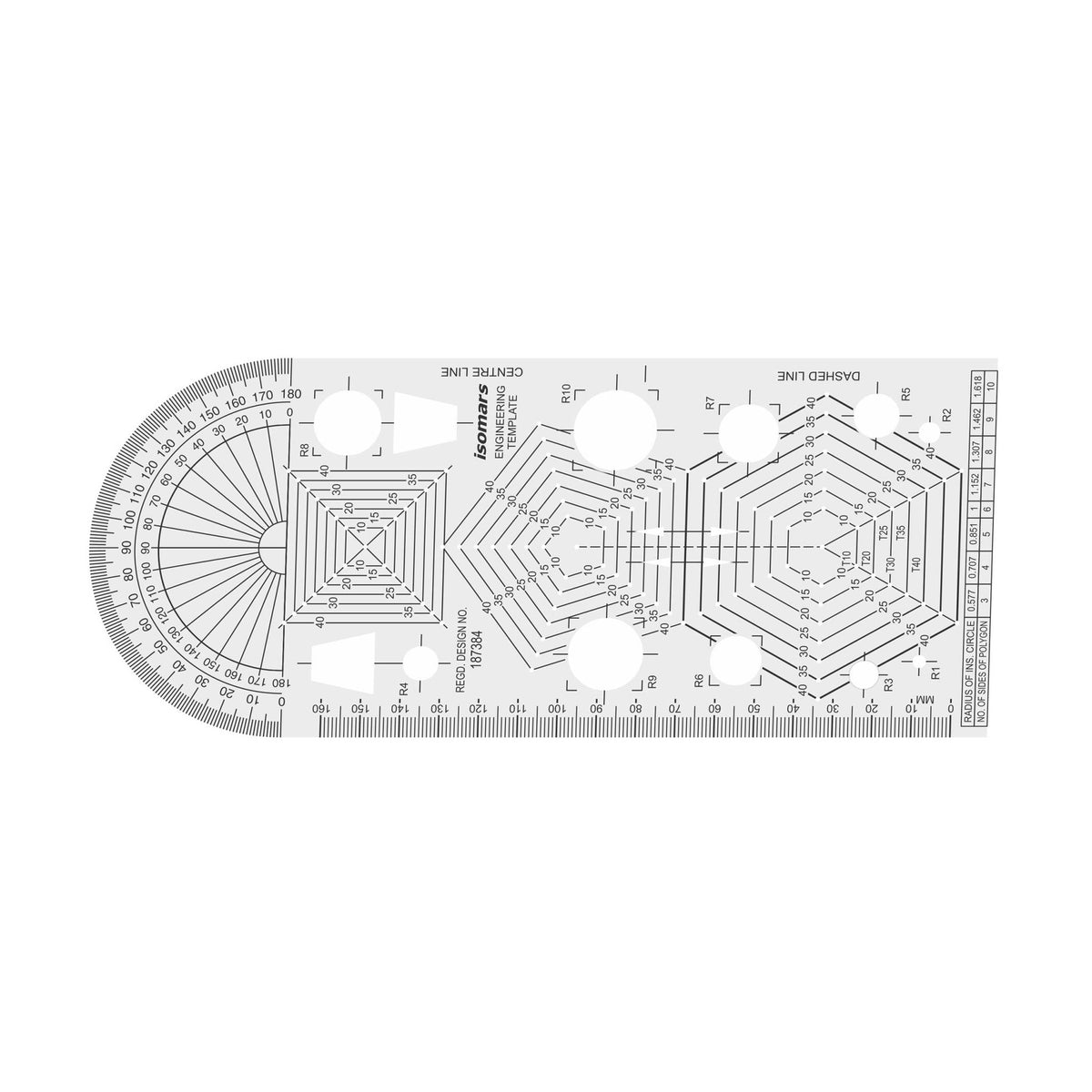 Isomars Engineering Template, Clear Plastic, 180° Protractor, Markings in cm/mm, for Engineering Students - Isomars