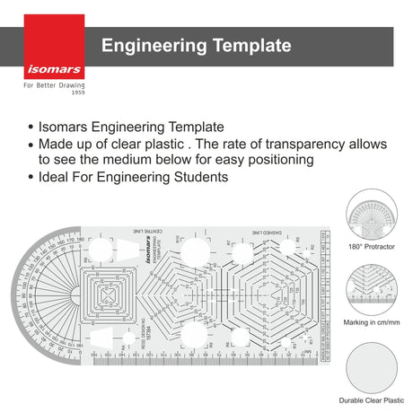 Isomars Engineering Template, Clear Plastic, 180° Protractor, Markings in cm/mm, for Engineering Students - Isomars