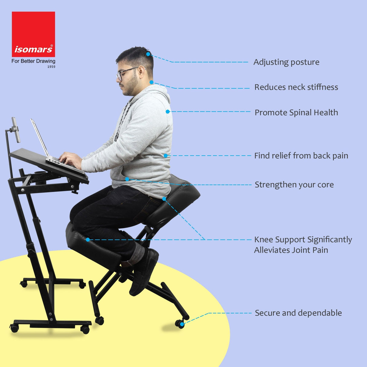 Isomars Ergonomic Kneeling Chair, Adjustable Height, Stool Upright Posture with Comfortable Cushions, Stool for Home and Office - Isomars