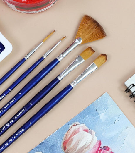 Isomars Estudio Art Brush Set of 5 | Professional Synthetic Long Handle Paint Brushes for Acrylic, Watercolor & Oil Painting | Flat, Fan, Oval, Round & Detail Artist Brushes for Blending, Shading & Fine Detailing - Isomars