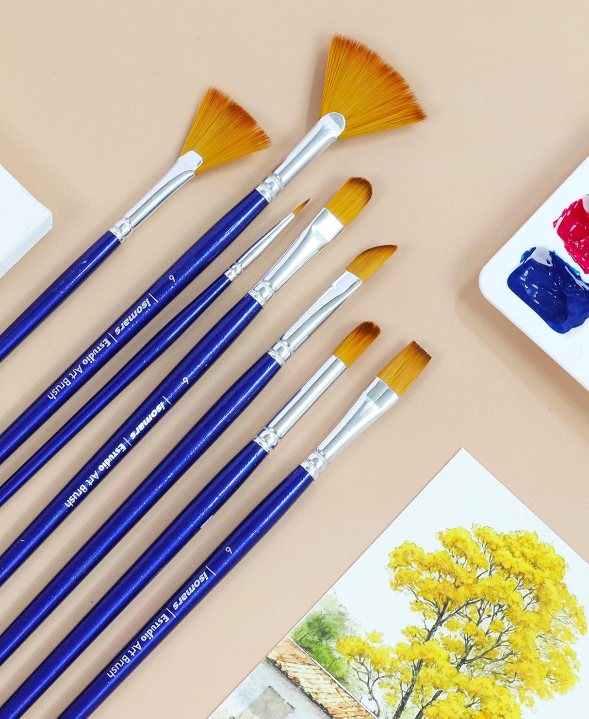 Isomars Estudio Artist Paint Brush Set of 7 | Professional Synthetic Long Handle Art Brushes for Acrylic, Watercolor, Oil & Gouache Painting | Mixed Flat, Round, Filbert, Fan, Angular & Detail Brushes - Isomars