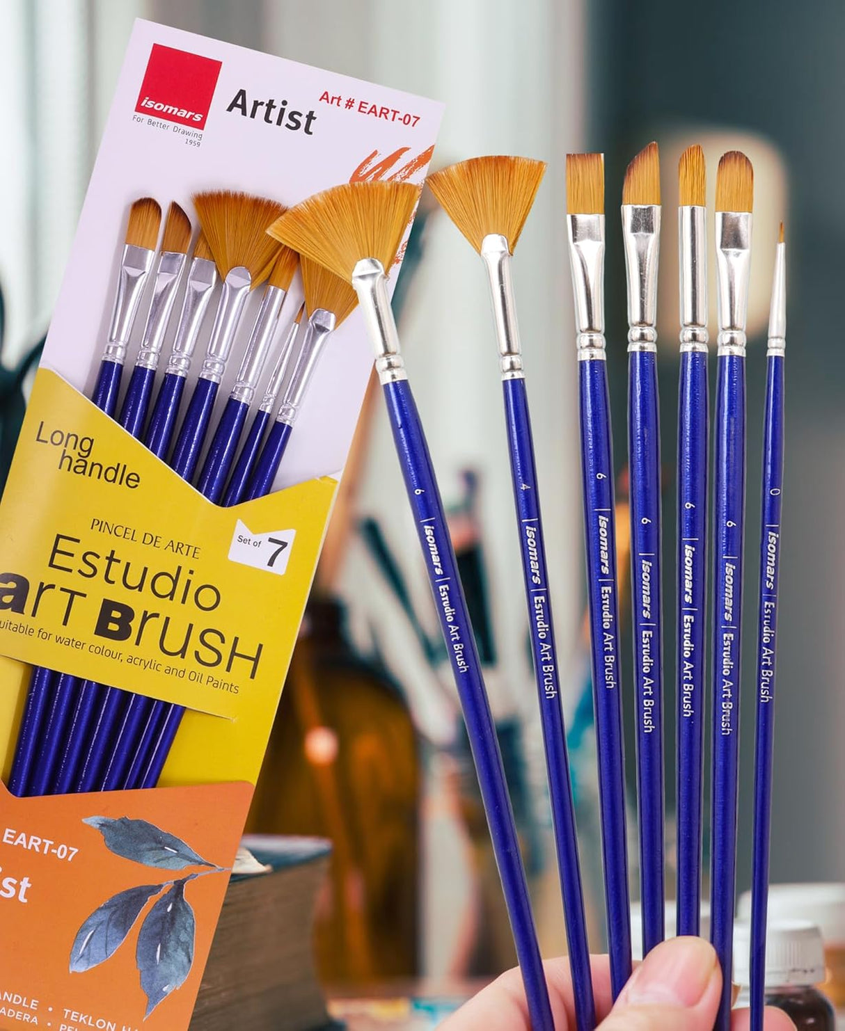 Isomars Estudio Artist Paint Brush Set of 7 | Professional Synthetic Long Handle Art Brushes for Acrylic, Watercolor, Oil & Gouache Painting | Mixed Flat, Round, Filbert, Fan, Angular & Detail Brushes - Isomars