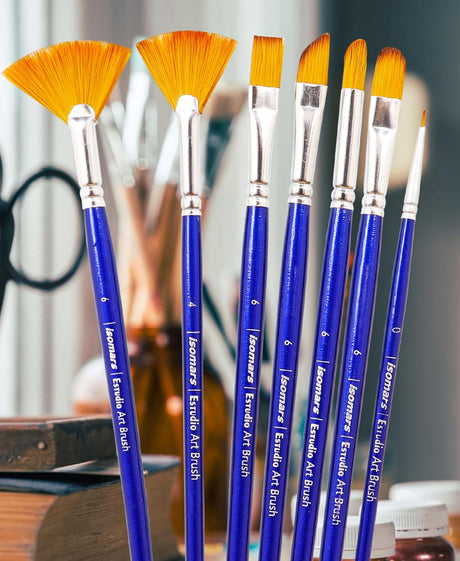 Isomars Estudio Artist Paint Brush Set of 7 | Professional Synthetic Long Handle Art Brushes for Acrylic, Watercolor, Oil & Gouache Painting | Mixed Flat, Round, Filbert, Fan, Angular & Detail Brushes - Isomars