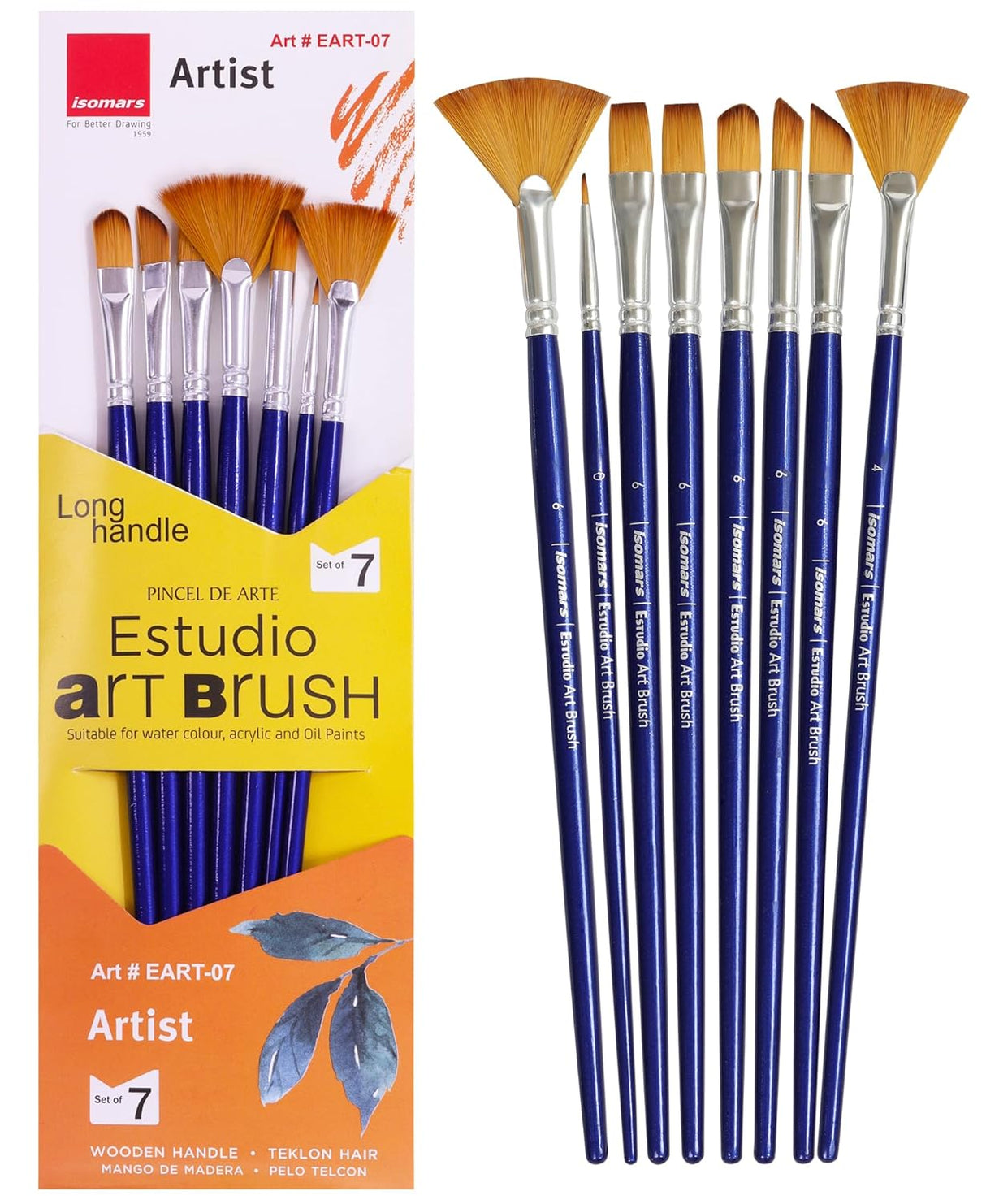 Isomars Estudio Artist Paint Brush Set of 7 | Professional Synthetic Long Handle Art Brushes for Acrylic, Watercolor, Oil & Gouache Painting | Mixed Flat, Round, Filbert, Fan, Angular & Detail Brushes - Isomars