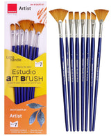 Isomars Estudio Artist Paint Brush Set of 7 | Professional Synthetic Long Handle Art Brushes for Acrylic, Watercolor, Oil & Gouache Painting | Mixed Flat, Round, Filbert, Fan, Angular & Detail Brushes - Isomars