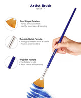Isomars Estudio Artist Paint Brush Set of 7 | Professional Synthetic Long Handle Art Brushes for Acrylic, Watercolor, Oil & Gouache Painting | Mixed Flat, Round, Filbert, Fan, Angular & Detail Brushes - Isomars