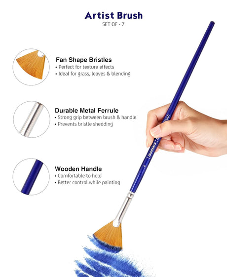 Isomars Estudio Artist Paint Brush Set of 7 | Professional Synthetic Long Handle Art Brushes for Acrylic, Watercolor, Oil & Gouache Painting | Mixed Flat, Round, Filbert, Fan, Angular & Detail Brushes - Isomars