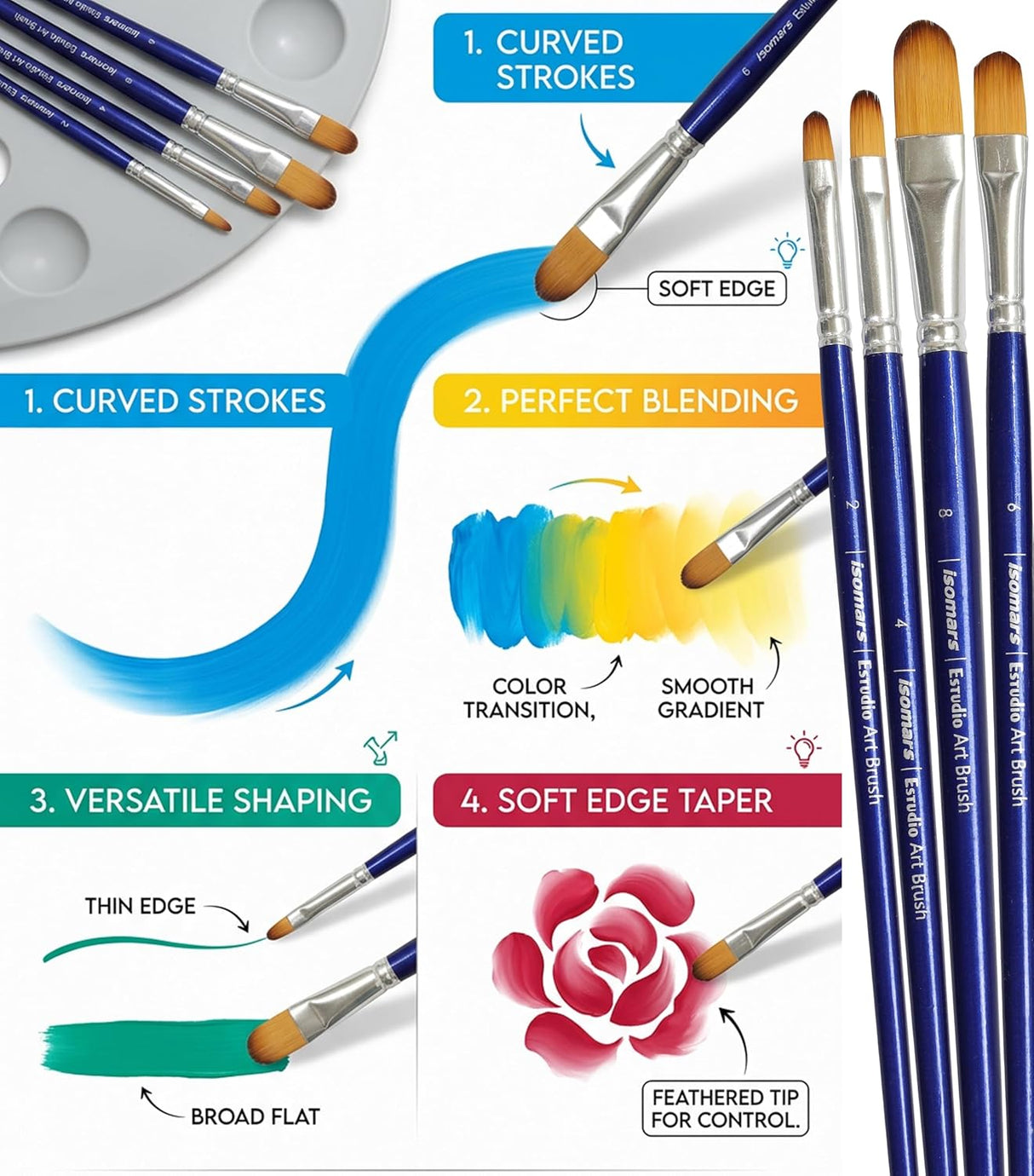 Isomars Estudio Filbert Paint Brush Set of 4 | Professional Synthetic Long Handle Filbert Artist Brushes for Blending, Soft Edges, Curved Strokes & Shading | Acrylic, Watercolor, Oil & Gouache Painting - Isomars