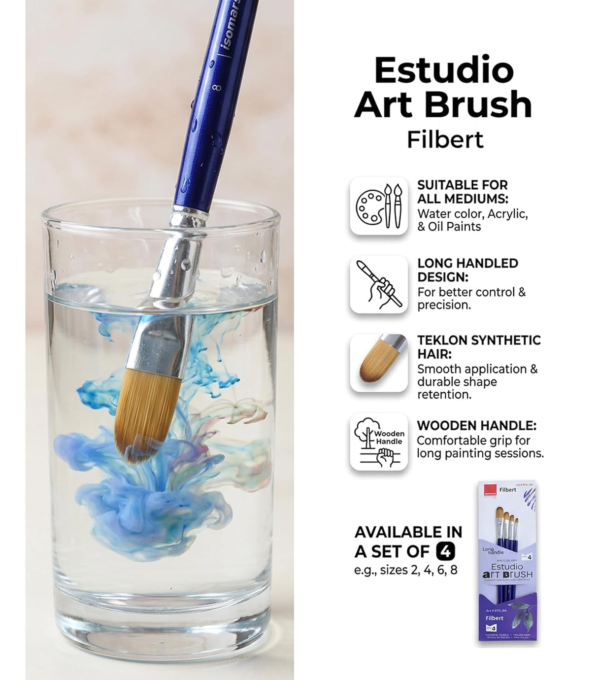 Isomars Estudio Filbert Paint Brush Set of 4 | Professional Synthetic Long Handle Filbert Artist Brushes for Blending, Soft Edges, Curved Strokes & Shading | Acrylic, Watercolor, Oil & Gouache Painting - Isomars