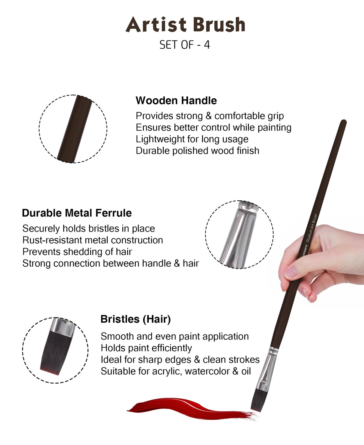 Isomars Extra Long Handle Flat Paint Brush Set of 4 for Acrylic, Watercolor & Oil Painting - Isomars