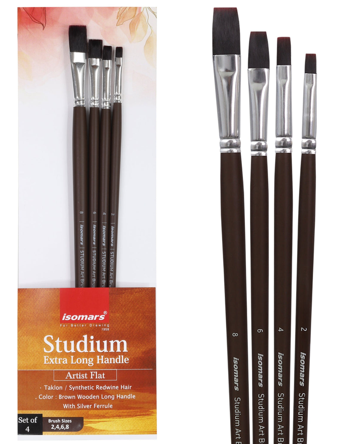 Isomars Extra Long Handle Flat Paint Brush Set of 4 for Acrylic, Watercolor & Oil Painting - Isomars