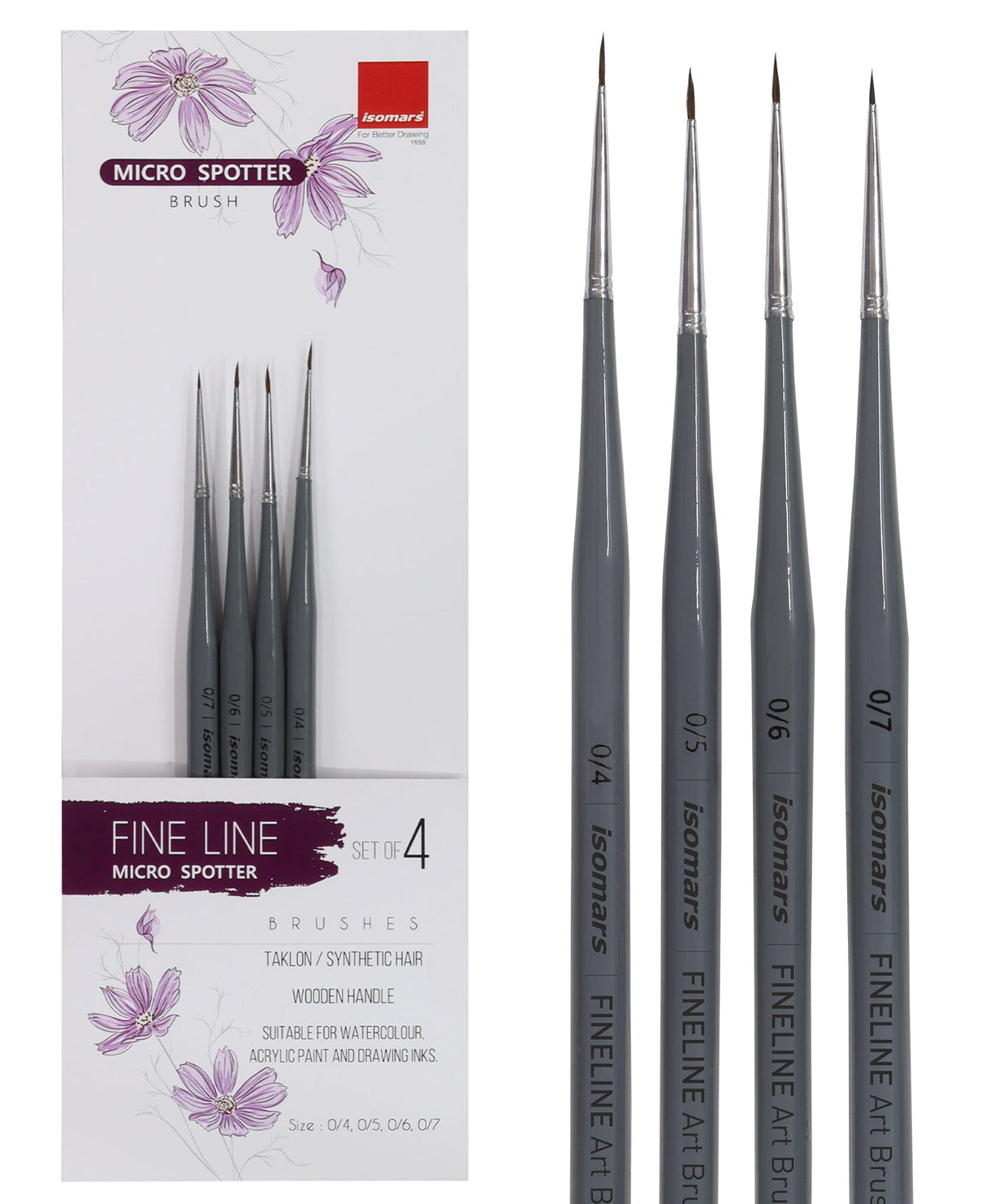 Isomars Fineline Micro Spotter Brush Set of 4 for Miniature Art & Fine Detailing - Isomars