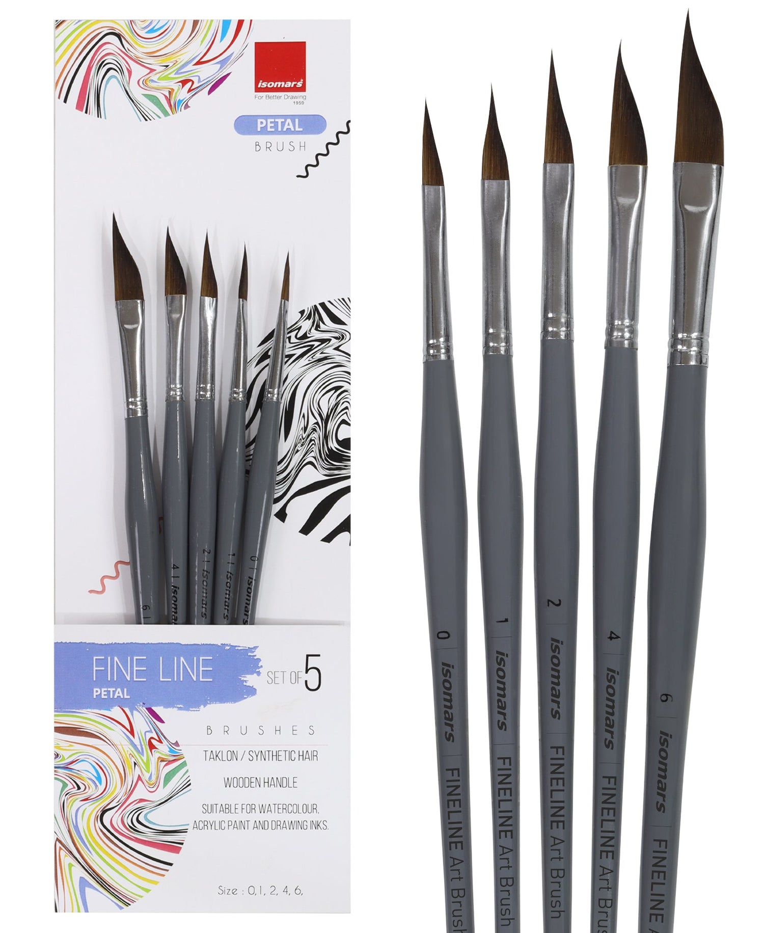 Isomars Fineline Petal Brush Set of 5 for Watercolor, Acrylic & Floral Painting - Isomars