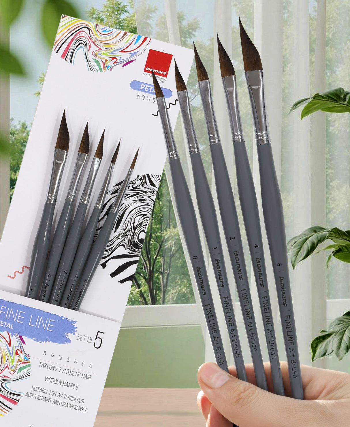 Isomars Fineline Petal Brush Set of 5 for Watercolor, Acrylic & Floral Painting - Isomars