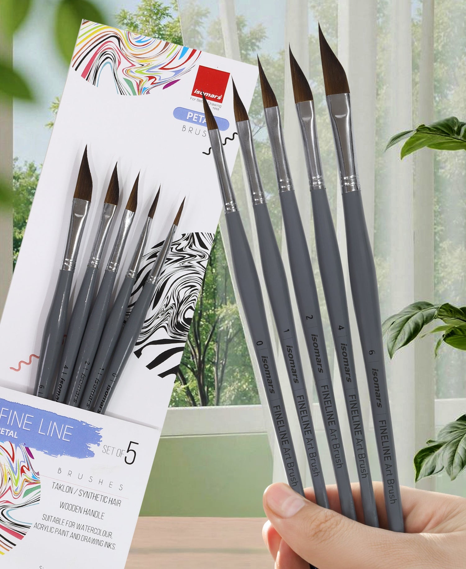 Isomars Fineline Petal Brush Set of 5 for Watercolor, Acrylic & Floral Painting - Isomars