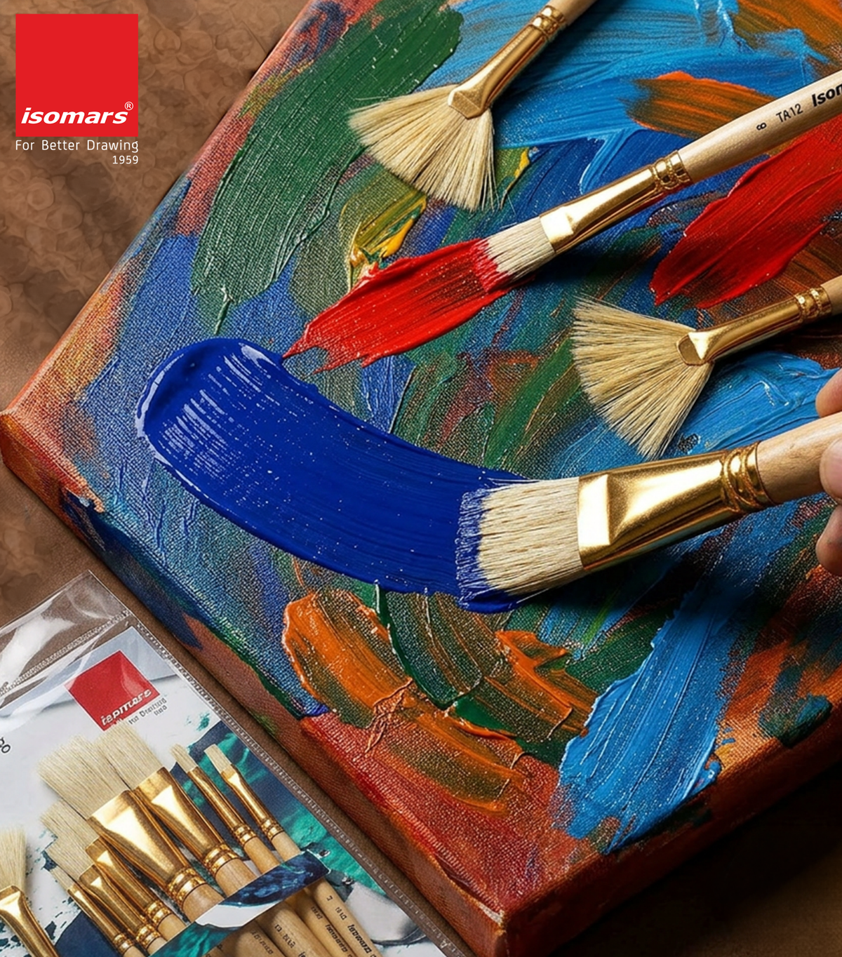 Isomars Flat Hog Hair Paint Brush Set of 8 with Fan Brush – Professional Long Handle Artist Brushes for Oil, Acrylic & Canvas Painting | Natural Bristles for Smooth, Even Strokes - Isomars