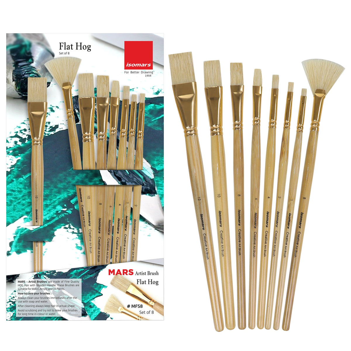 Isomars Flat Hog Hair Paint Brush Set of 8 with Fan Brush – Professional Long Handle Artist Brushes for Oil, Acrylic & Canvas Painting | Natural Bristles for Smooth, Even Strokes - Isomars