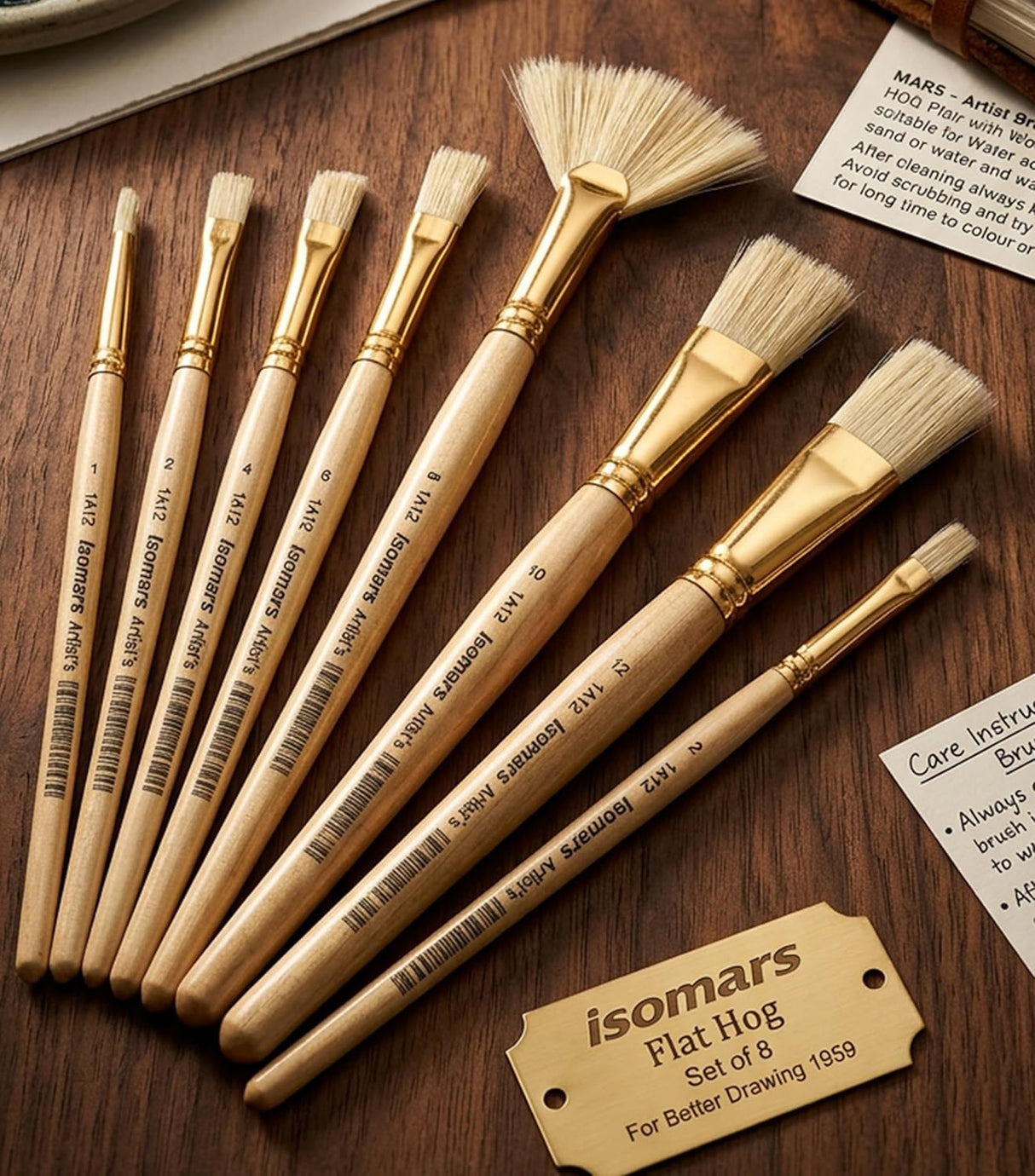Isomars Flat Hog Hair Paint Brush Set of 8 with Fan Brush – Professional Long Handle Artist Brushes for Oil, Acrylic & Canvas Painting | Natural Bristles for Smooth, Even Strokes - Isomars