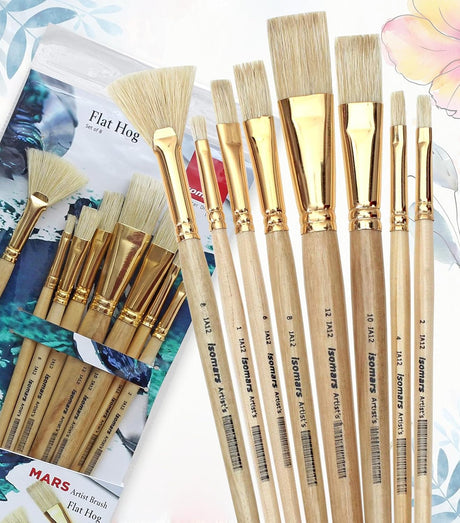 Isomars Flat Hog Hair Paint Brush Set of 8 with Fan Brush – Professional Long Handle Artist Brushes for Oil, Acrylic & Canvas Painting | Natural Bristles for Smooth, Even Strokes - Isomars